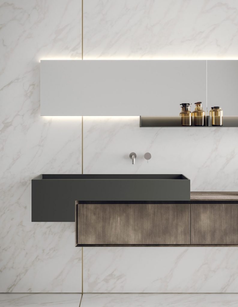 Detail of the floating vanity design with a recessed frame.