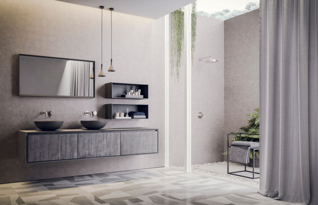 Luxury master bath with floating vanities in steel metal with a brushed textured effect.