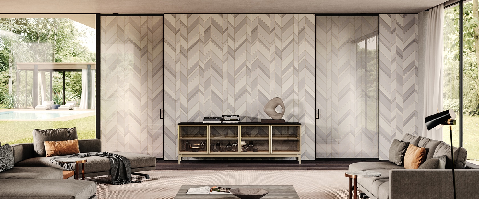 Luxury glass doors with geometric patterns and matching wallpaper introduced at Salone del Mobile 2022