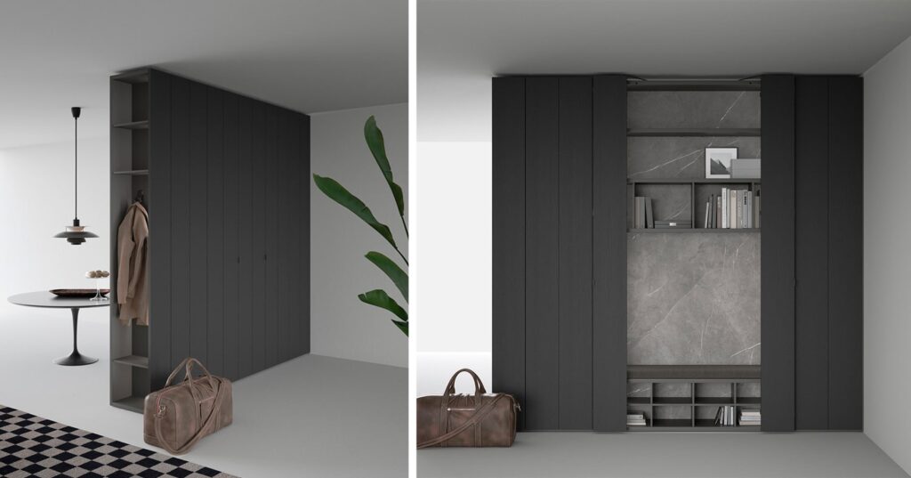 Double-sided luxury closet in dark wood and grey ceramic perfect for open layout spaces