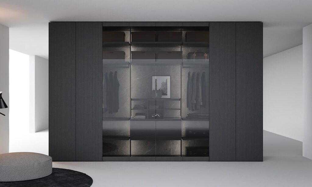 Luxury closet with smoked glass doors revealing the interior in grey ceramic