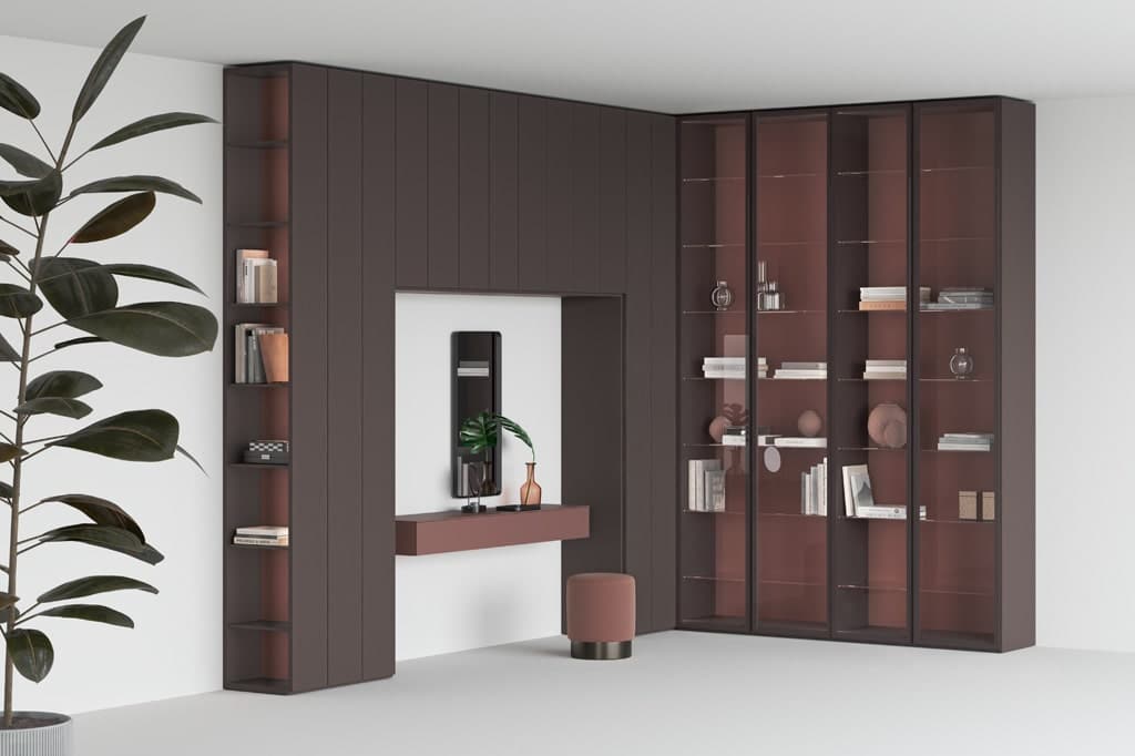 Modern closet with bridge module to carve out space for a desk or sofa