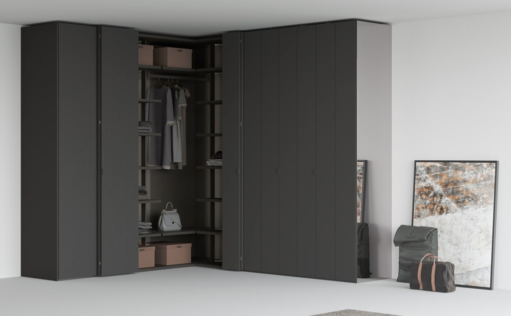 Modern corner closet with bi-folding doors