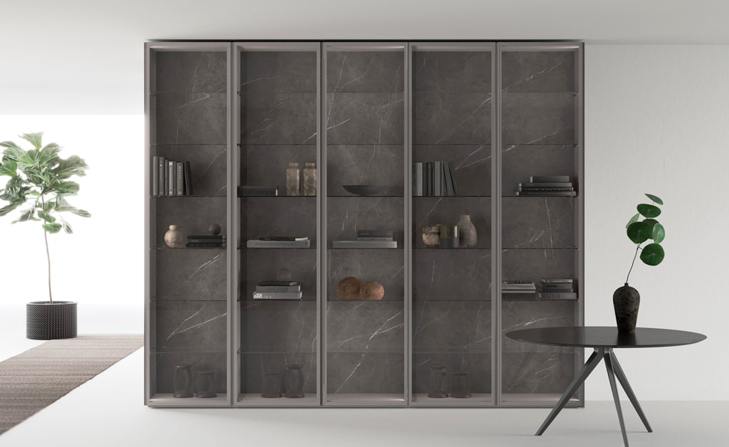 Luxury glass cabinets for living room with aluminum frame and interior in grey stone
