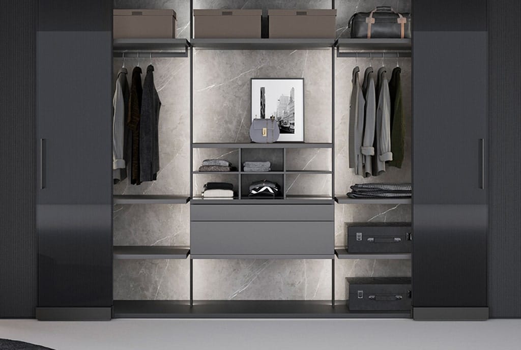 Elegant luxury closet with lit interior in grey cermic