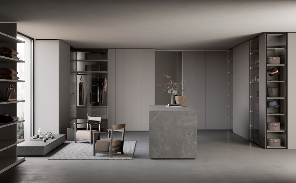 Luxury walk-in closets with solid and glass doors, grey lacquer and grey ceramic finishes
