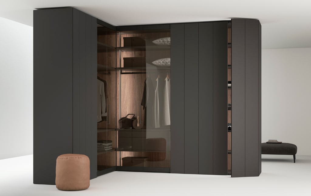 Modern corner closet in dark brown lacquer with interiors in wood