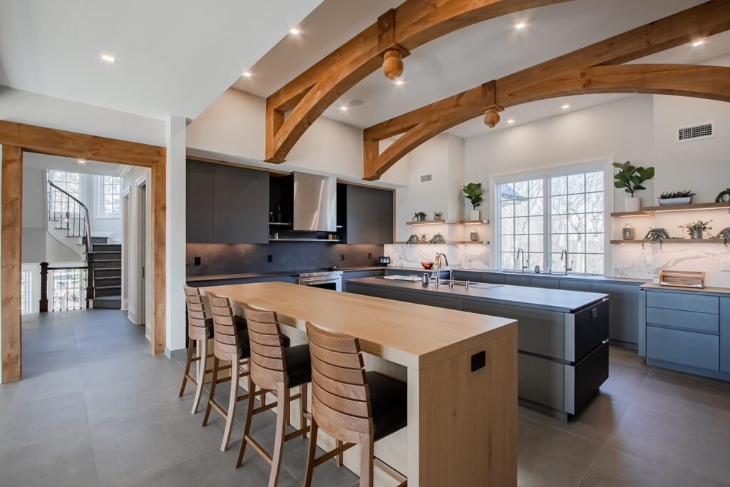 Luxury kitchen in dark lacquer and light oak wood. Rumson, NJ home.