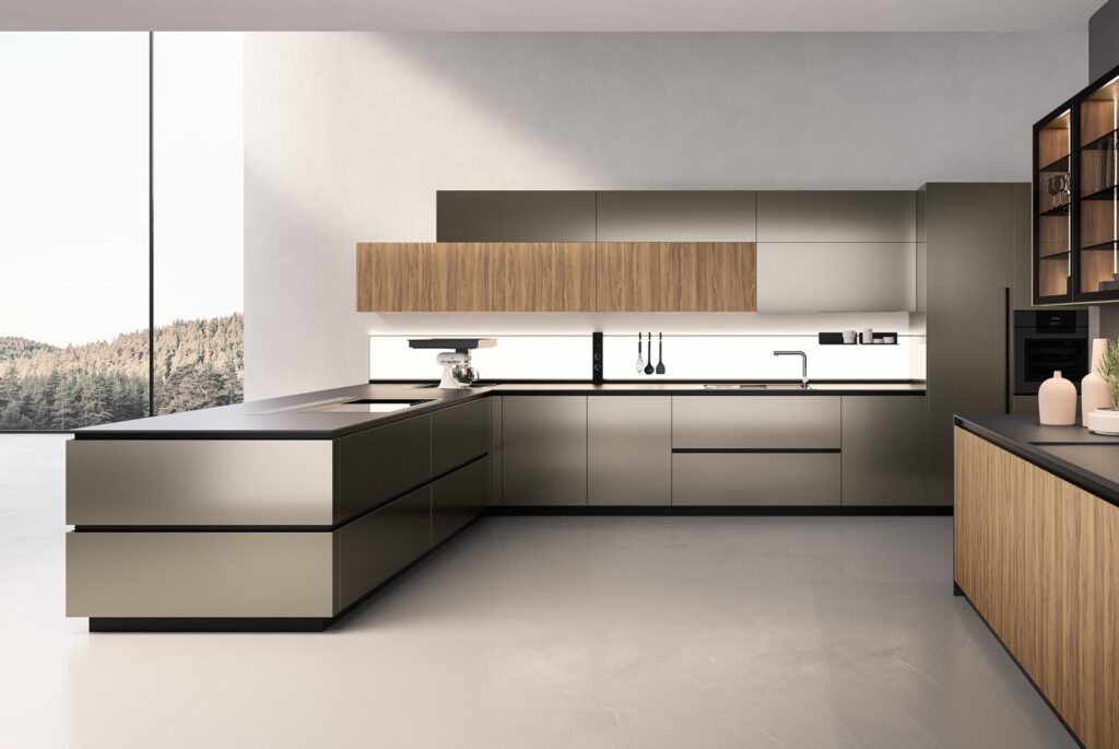 Contemporary kitchen in steel and walnut finishes