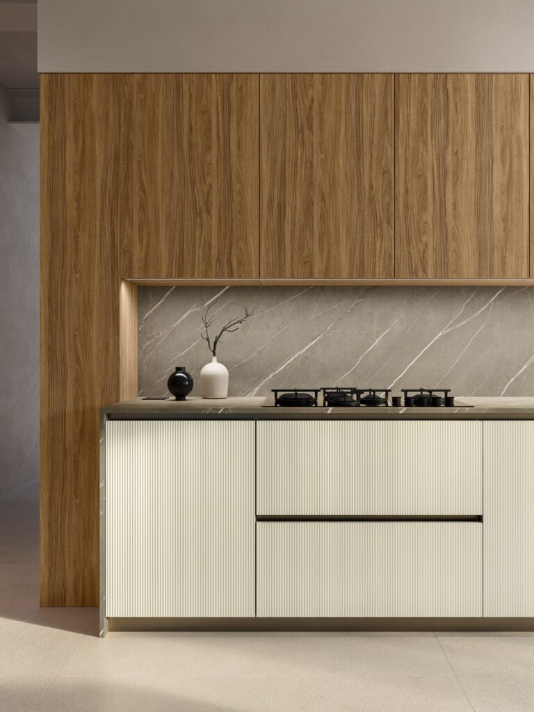 Contemporary kitchen cabinets in walnut and ribbed white lacquer