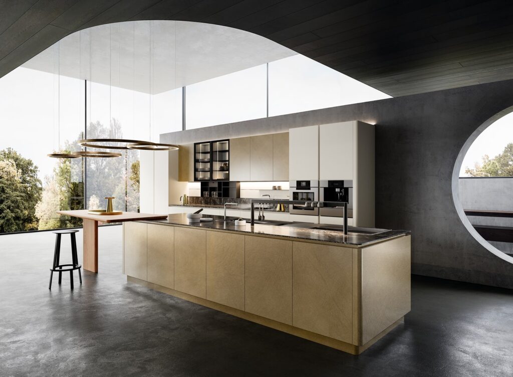 Contemporary luxury kitchen in white and gold lacquer finishes